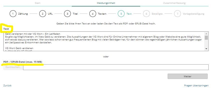VG Wort Text des Beitrags Meldung