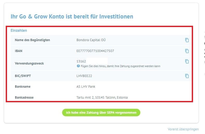 Bondora Go and Grow Zahlung SEPA