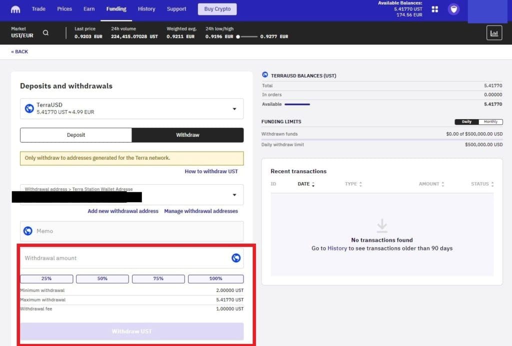 Übertragung UST auf Wallet