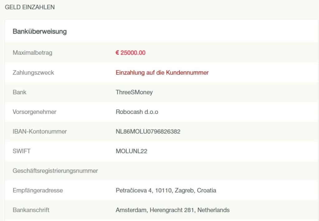 Geld einzahlen Robocash
