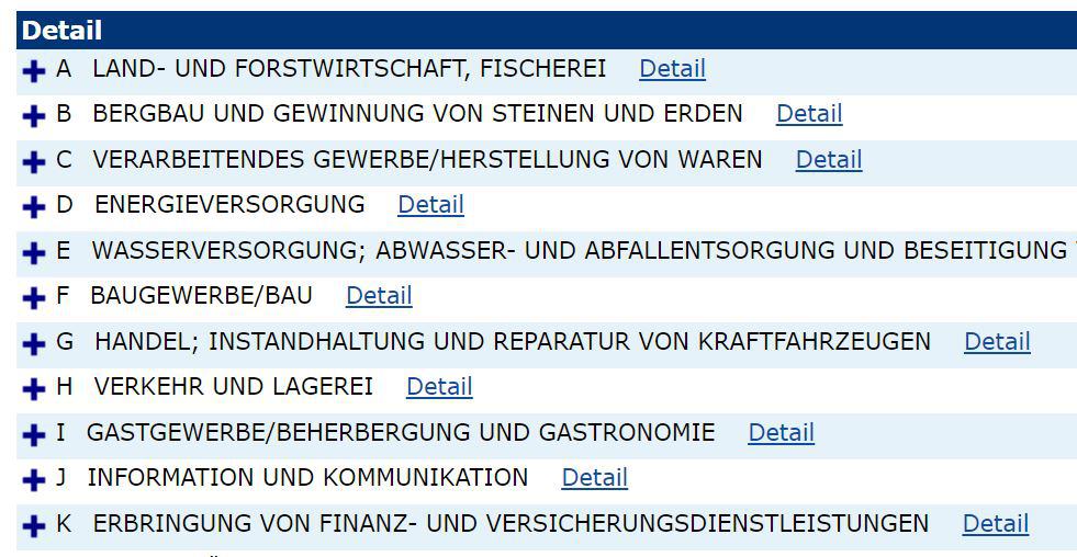 Seite der Europäischen Kommission - Code der Hauptwirtschaftsaktivität