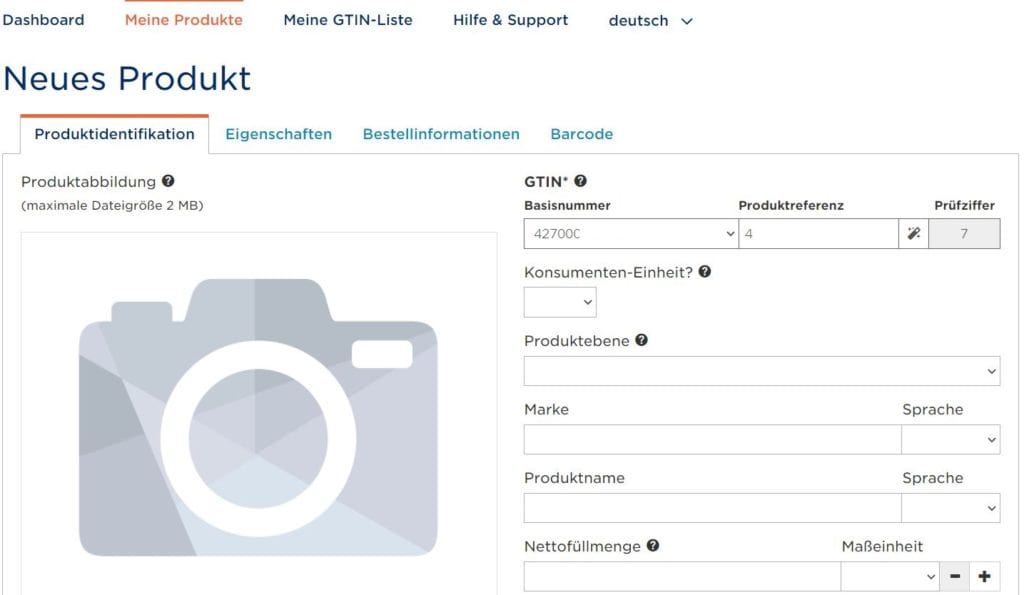 Neues Produkt anlegen GS1